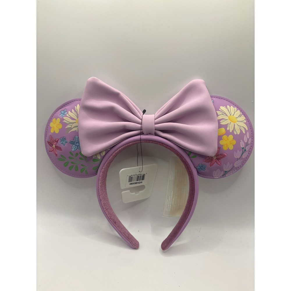 Disney Parks Minnie Mouse Floral Embroidered Lavender Ear Headband with Bow NEW
